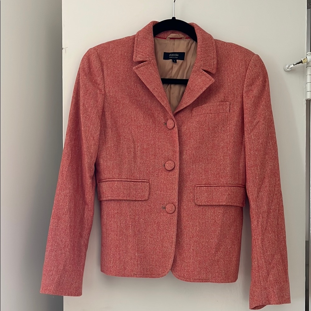 Zanella Red and White Herringbone Wool Blazer Classic Tailored Fit